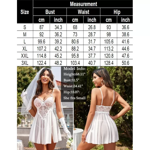 Avidlove Sexy Lingerie for Women Lace Babydoll Strap Chemise Nightgown V Neck Sleepwear Mesh Side Slit NightyWhite