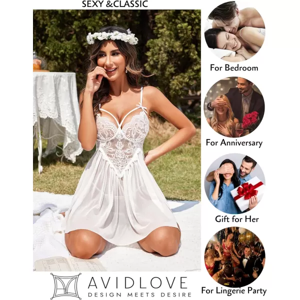 Avidlove Sexy Lingerie for Women Lace Babydoll Strap Chemise Nightgown V Neck Sleepwear Mesh Side Slit NightyWhite