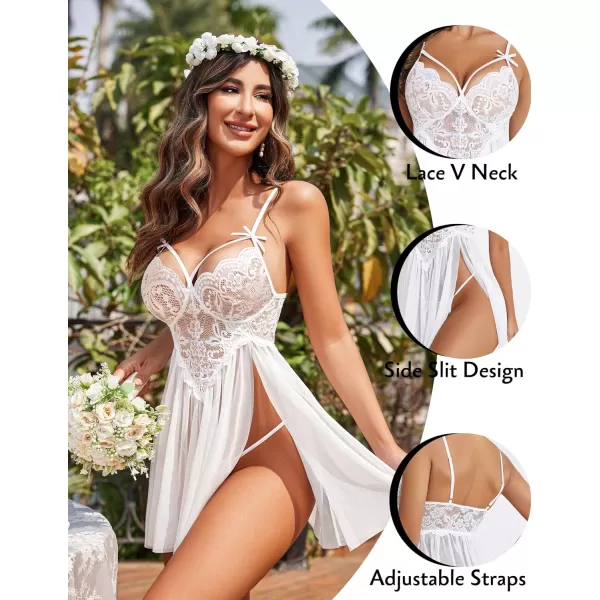 Avidlove Sexy Lingerie for Women Lace Babydoll Strap Chemise Nightgown V Neck Sleepwear Mesh Side Slit NightyWhite