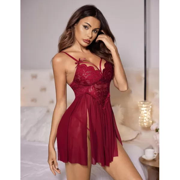 Avidlove Sexy Lingerie for Women Lace Babydoll Strap Chemise Nightgown V Neck Sleepwear Mesh Side Slit NightyWine Red