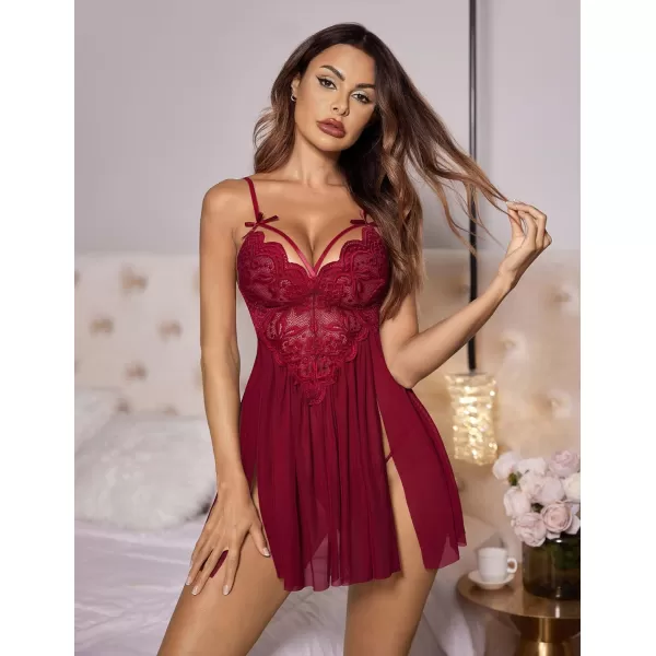 Avidlove Sexy Lingerie for Women Lace Babydoll Strap Chemise Nightgown V Neck Sleepwear Mesh Side Slit NightyWine Red