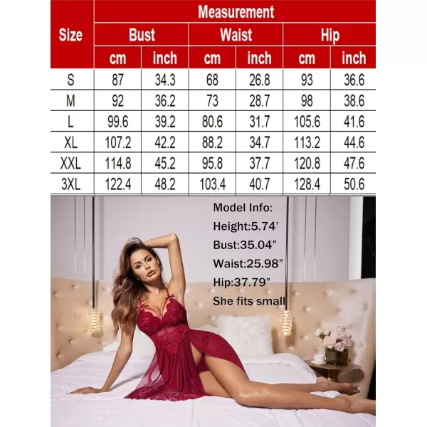 Avidlove Sexy Lingerie for Women Lace Babydoll Strap Chemise Nightgown V Neck Sleepwear Mesh Side Slit NightyWine Red