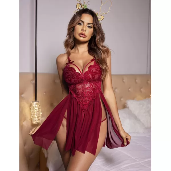 Avidlove Sexy Lingerie for Women Lace Babydoll Strap Chemise Nightgown V Neck Sleepwear Mesh Side Slit NightyWine Red