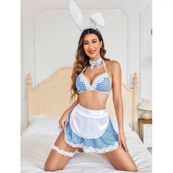 Avidlove Sexy Maid Lingerie for Women Roleplay Lingerie Cosplay Lingerie Set Sexy Christmas CostumesBlue Plaid