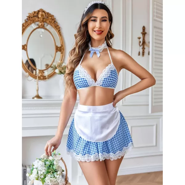 Avidlove Sexy Maid Lingerie for Women Roleplay Lingerie Cosplay Lingerie Set Sexy Christmas CostumesBlue Plaid