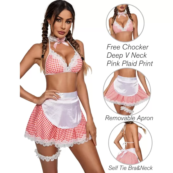 Avidlove Sexy Maid Lingerie for Women Roleplay Lingerie Cosplay Lingerie Set Sexy Christmas CostumesPink Plaid