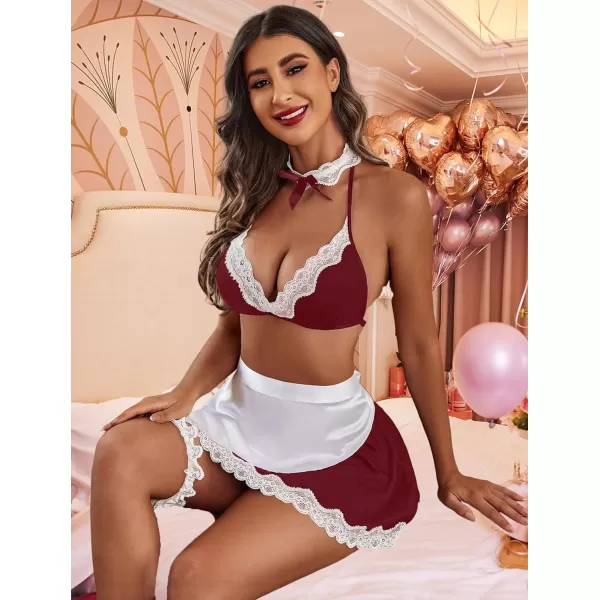 Avidlove Sexy Maid Lingerie for Women Roleplay Lingerie Cosplay Lingerie Set Sexy Christmas CostumesWine Red