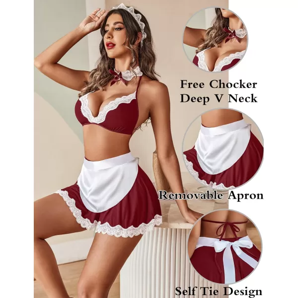 Avidlove Sexy Maid Lingerie for Women Roleplay Lingerie Cosplay Lingerie Set Sexy Christmas CostumesWine Red