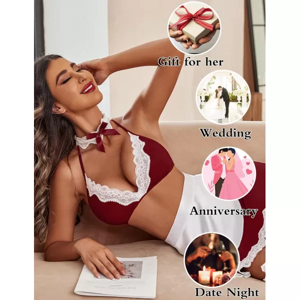 Avidlove Sexy Maid Lingerie for Women Roleplay Lingerie Cosplay Lingerie Set Sexy Christmas CostumesWine Red