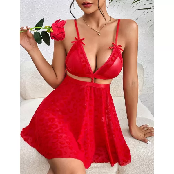 Avidlove Sexy Nightdress for Women Lace Babydoll Mesh Nightgown V Neck Teddy Open Back LingerieA Red Leopard Print