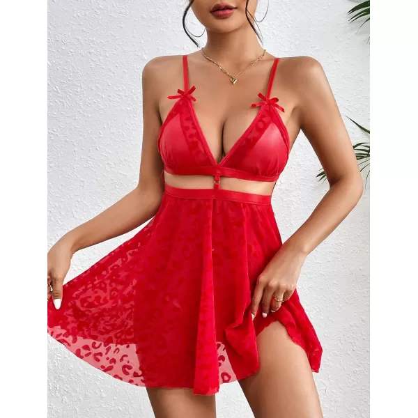 Avidlove Sexy Nightdress for Women Lace Babydoll Mesh Nightgown V Neck Teddy Open Back LingerieA Red Leopard Print