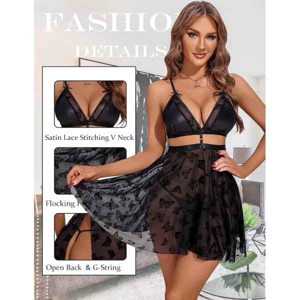 Avidlove Sexy Nightdress for Women Lace Babydoll Mesh Nightgown V Neck Teddy Open Back LingerieBlack Butterfly