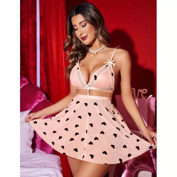 Avidlove Sexy Nightdress for Women Lace Babydoll Mesh Nightgown V Neck Teddy Open Back LingeriePink Love