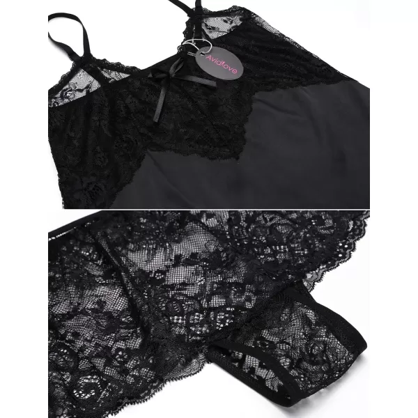 Avidlove Sexy Pajama Set for Women Lace Cami and Shorts Two Piece Satin LingerieBlack Go Up a Size