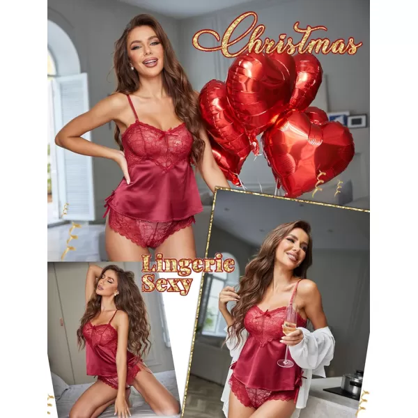 Avidlove Sexy Pajama Set for Women Lace Cami and Shorts Two Piece Satin LingerieWine Red Go Up a Size