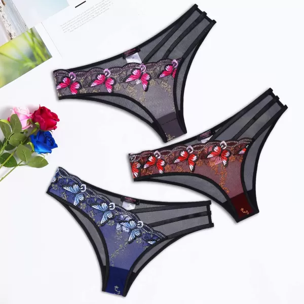 Avidlove Sexy Panties for Women Butterfly Embroidered Underwear Mesh Panties PackPink Blue Red3 Pack