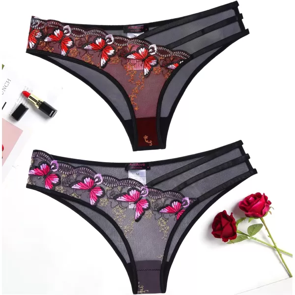 Avidlove Sexy Panties for Women Butterfly Embroidered Underwear Mesh Panties PackPink and Red2 Pack