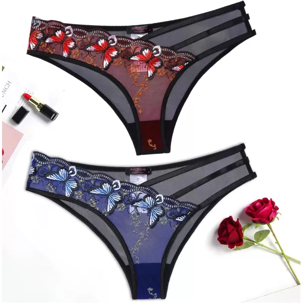 Avidlove Sexy Panties for Women Butterfly Embroidered Underwear Mesh Panties PackRed and Blue2 Pack