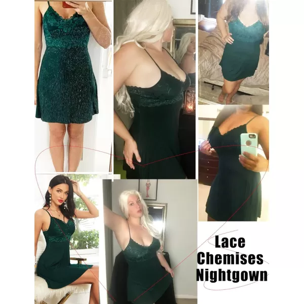 Avidlove Sexy Sleepwear Women Nightdress Lace Chemises Nightgown VNeck Full SlipDark Green