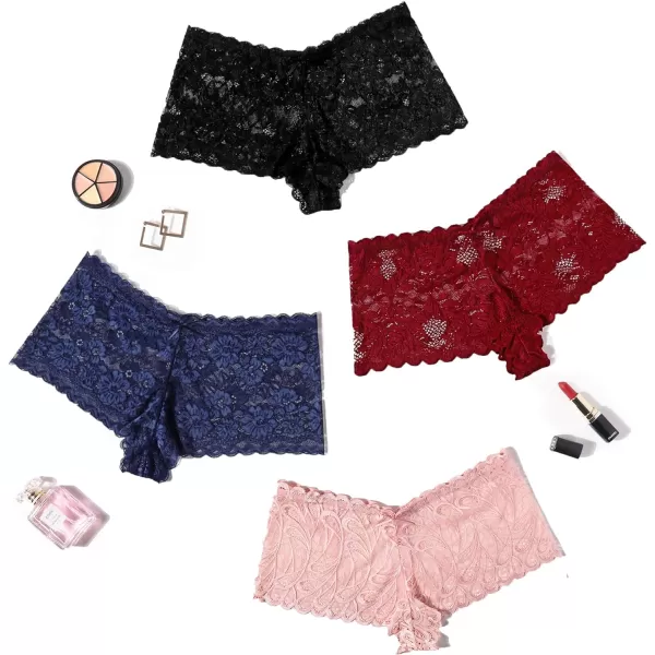 Avidlove Sexy Womens Underwear Floral Lace Boyshort Panties High Waist Cheeky Panty Pack of 4Black DBurgundy BPink CNavy Blue a