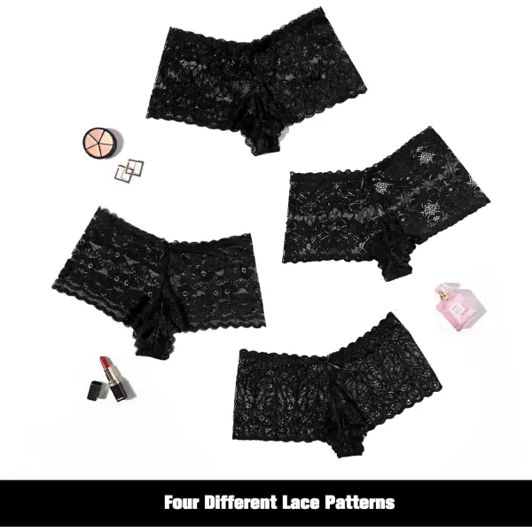 Avidlove Sexy Womens Underwear Floral Lace Boyshort Panties High Waist Cheeky Panty Pack of 4Black aBlack BBlack CBlack D