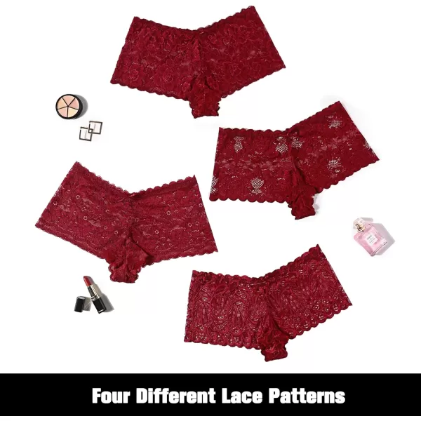 Avidlove Sexy Womens Underwear Floral Lace Boyshort Panties High Waist Cheeky Panty Pack of 4Burgundy aBurgundy BBurgundy CBurgundy D