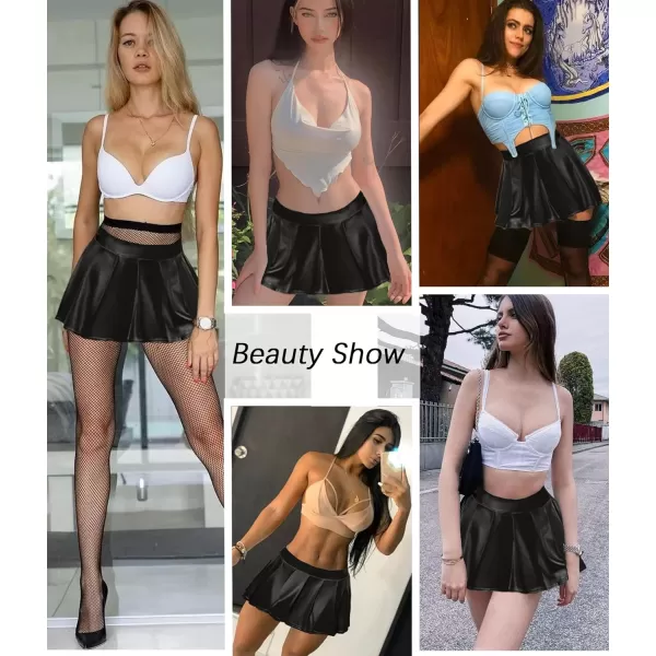 Avidlove Short Mini Skirts for Women Trendy High Waisted Leather Pleated Solid Ruffle SkirtBlack