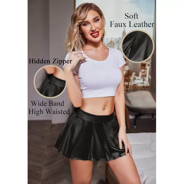 Avidlove Short Mini Skirts for Women Trendy High Waisted Leather Pleated Solid Ruffle SkirtBlack