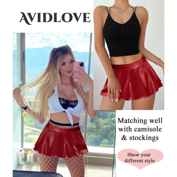 Avidlove Short Mini Skirts for Women Trendy High Waisted Leather Pleated Solid Ruffle SkirtDark Red