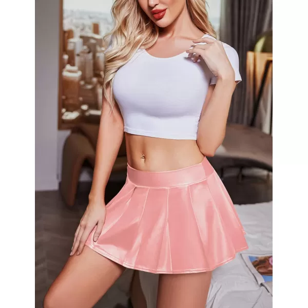 Avidlove Short Mini Skirts for Women Trendy High Waisted Leather Pleated Solid Ruffle SkirtPink