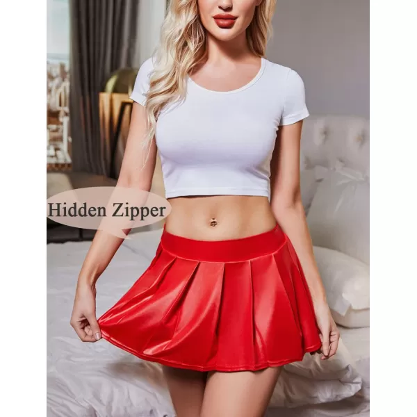 Avidlove Short Mini Skirts for Women Trendy High Waisted Leather Pleated Solid Ruffle SkirtRed