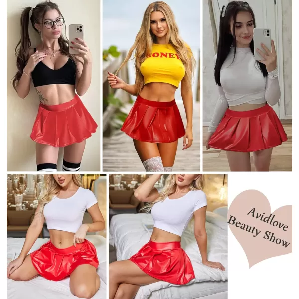 Avidlove Short Mini Skirts for Women Trendy High Waisted Leather Pleated Solid Ruffle SkirtRed