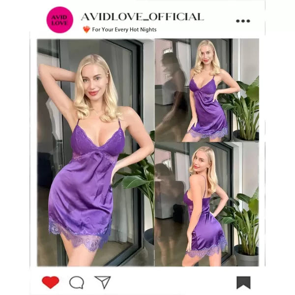 Avidlove Silk Nightgown for Women Sexy Lace Sleepwear Satin Sleeveless Chemise DressPurple