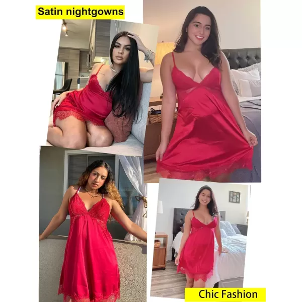 Avidlove Silk Nightgown for Women Sexy Lace Sleepwear Satin Sleeveless Chemise DressRed