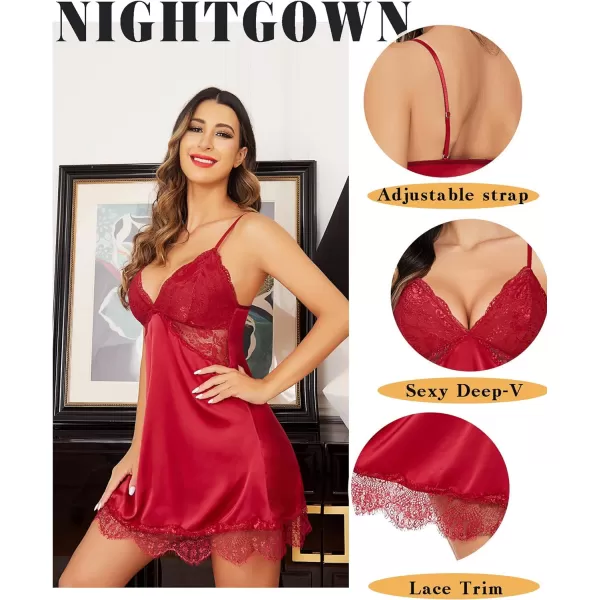 Avidlove Silk Nightgown for Women Sexy Lace Sleepwear Satin Sleeveless Chemise DressRed