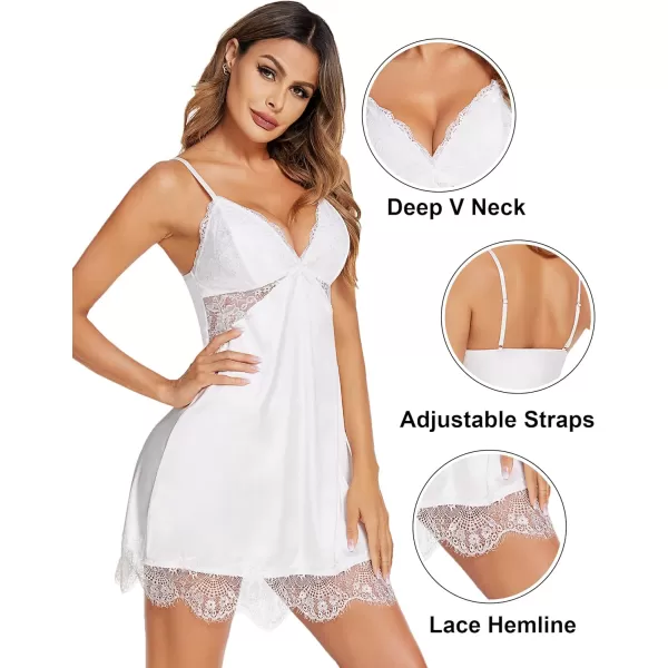 Avidlove Silk Nightgown for Women Sexy Lace Sleepwear Satin Sleeveless Chemise DressWhite