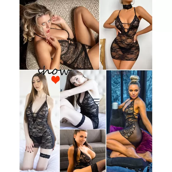 Avidlove Women Babydoll Lingerie Lace Chemise Halter Nightwear Teddy DressBlack