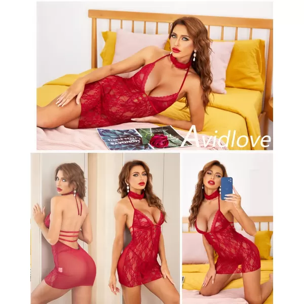 Avidlove Women Babydoll Lingerie Lace Chemise Halter Nightwear Teddy DressDark Red