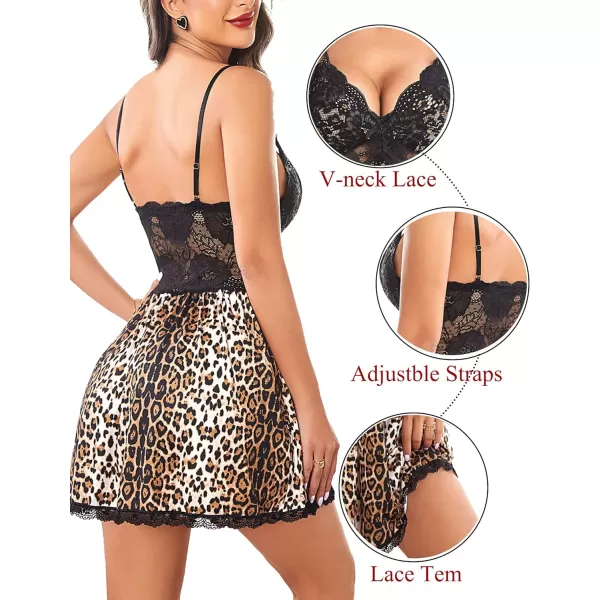 Avidlove Women Babydoll Nightgown Chemises Lace Modal Sleepwear VNeck Full Slip Sleep DressBlack Leopard