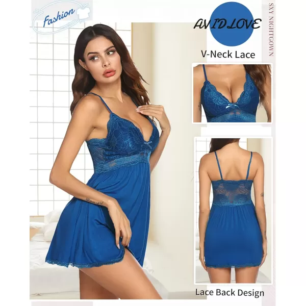 Avidlove Women Babydoll Nightgown Chemises Lace Modal Sleepwear VNeck Full Slip Sleep DressBlue Green