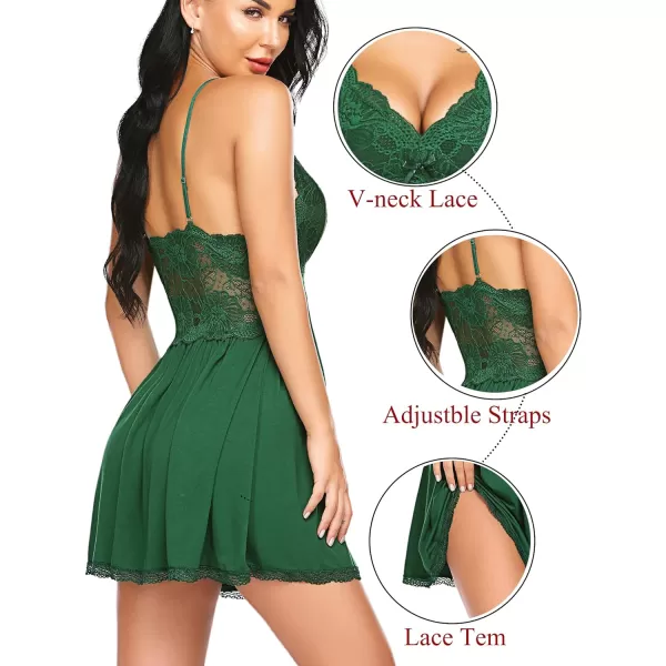 Avidlove Women Babydoll Nightgown Chemises Lace Modal Sleepwear VNeck Full Slip Sleep DressDark Green