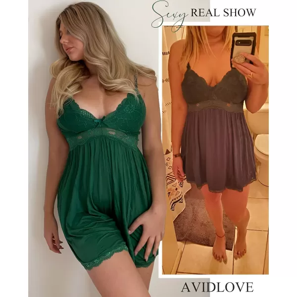 Avidlove Women Babydoll Nightgown Chemises Lace Modal Sleepwear VNeck Full Slip Sleep DressDark Green