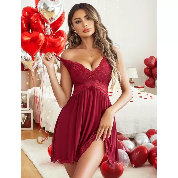 Avidlove Women Babydoll Nightgown Chemises Lace Modal Sleepwear VNeck Full Slip Sleep DressDark Red