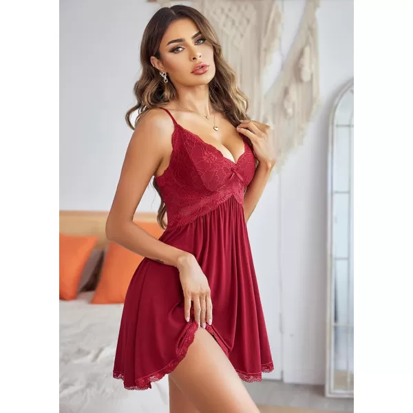 Avidlove Women Babydoll Nightgown Chemises Lace Modal Sleepwear VNeck Full Slip Sleep DressDark Red