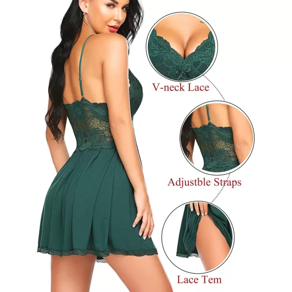 Avidlove Women Babydoll Nightgown Chemises Lace Modal Sleepwear VNeck Full Slip Sleep DressGreen