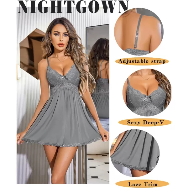 Avidlove Women Babydoll Nightgown Chemises Lace Modal Sleepwear VNeck Full Slip Sleep DressGrey