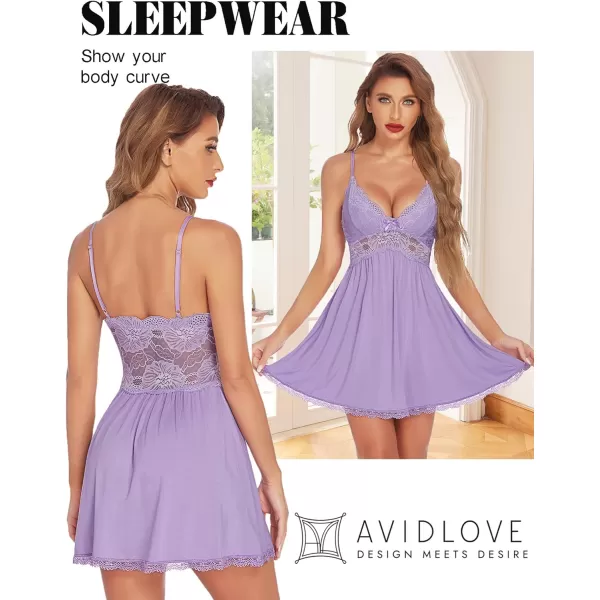 Avidlove Women Babydoll Nightgown Chemises Lace Modal Sleepwear VNeck Full Slip Sleep DressLight Purple