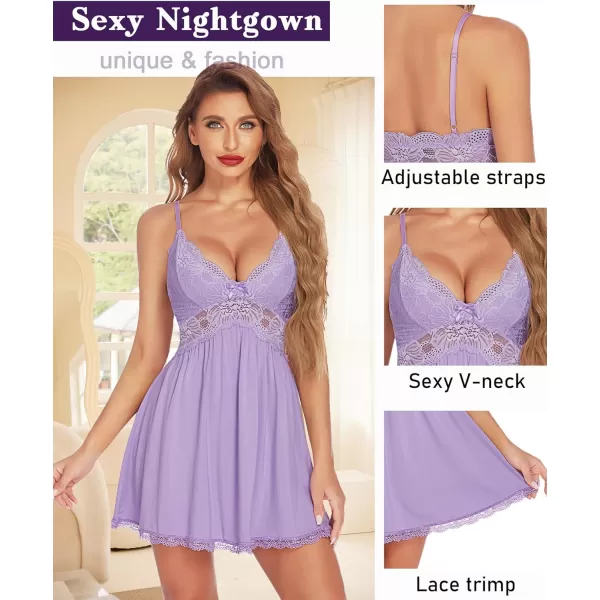 Avidlove Women Babydoll Nightgown Chemises Lace Modal Sleepwear VNeck Full Slip Sleep DressLight Purple