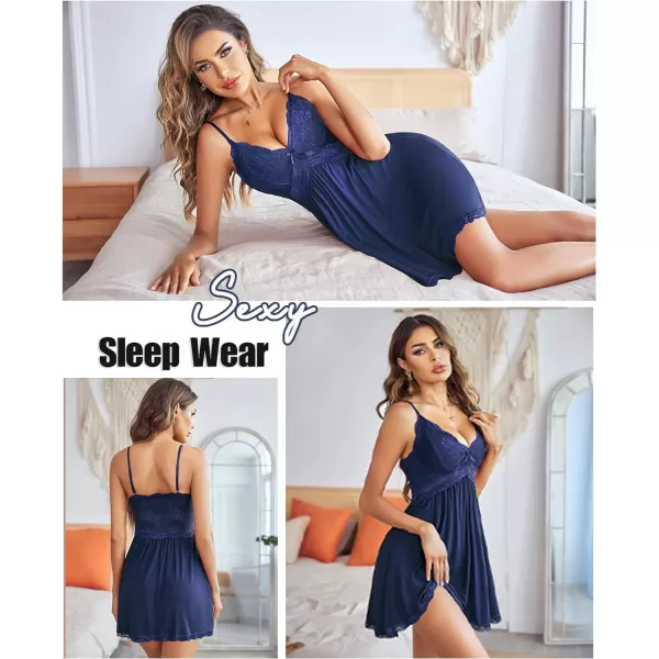 Avidlove Women Babydoll Nightgown Chemises Lace Modal Sleepwear VNeck Full Slip Sleep DressNavy Blue