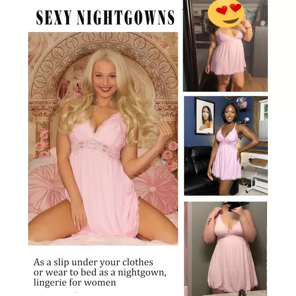 Avidlove Women Babydoll Nightgown Chemises Lace Modal Sleepwear VNeck Full Slip Sleep DressPink